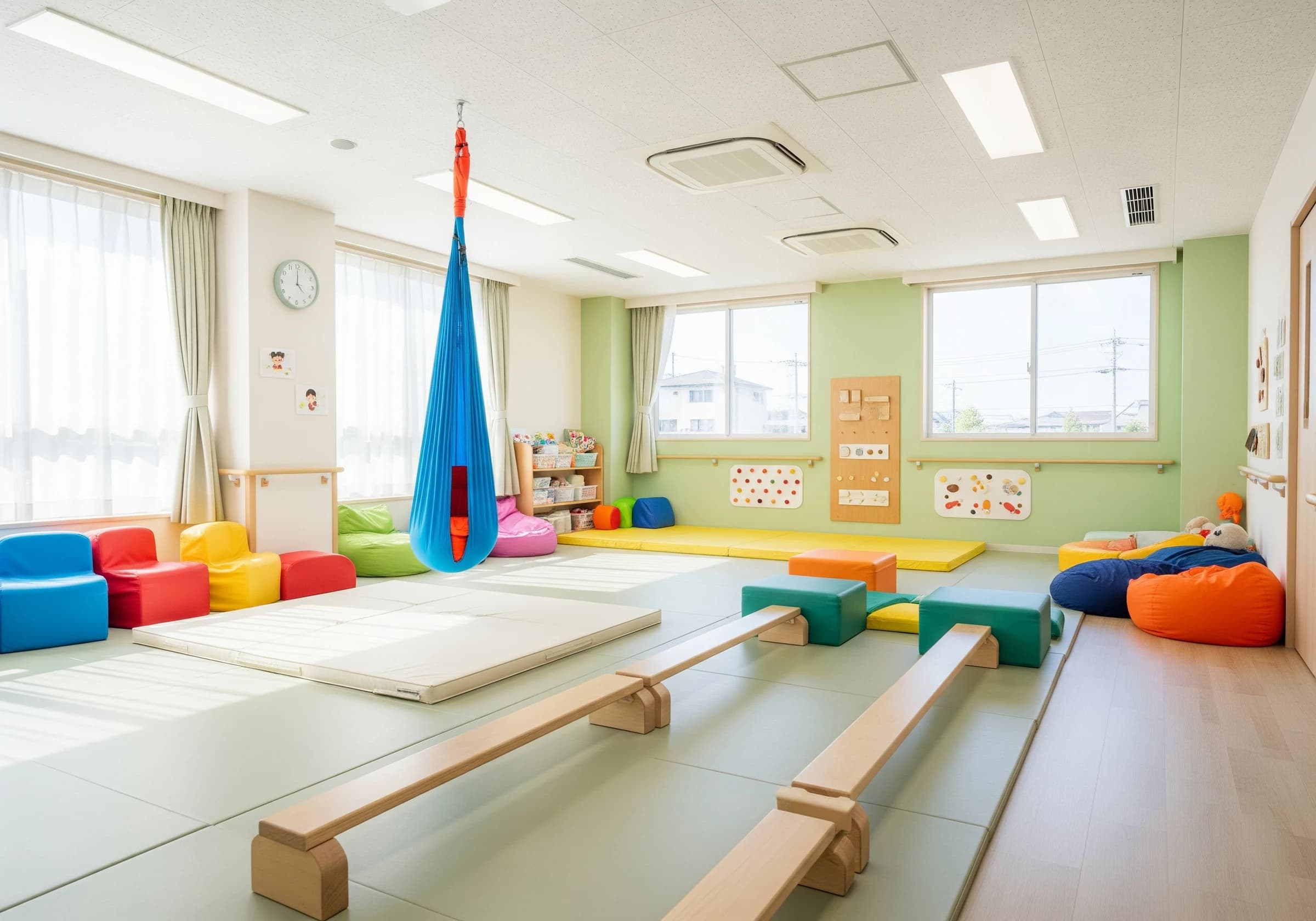 ブランコや感覚統合遊具が並ぶ明るい活動室
